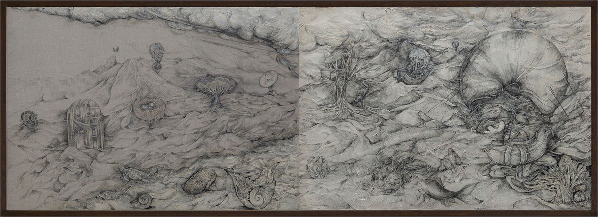 Title- Where To Now My Beloved II, Medium-Ink on paper & textile,linen Size- 34 inches x 96 inches (Diptych), Year-2021