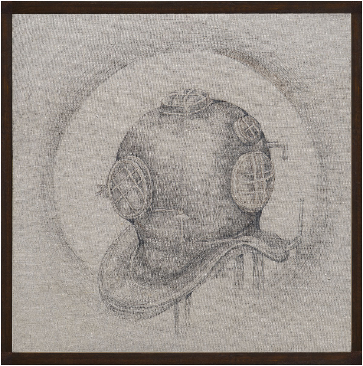 Title- Where To Now My Beloved II (Submarine Helmet), Medium-Ink on Linen,linen Size- 18 inches x 18 inches, Year-2021